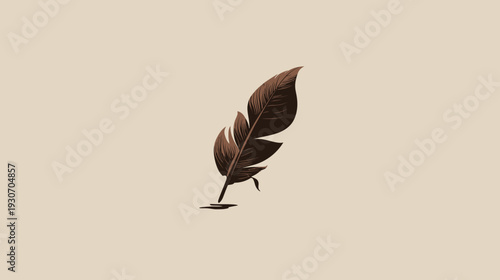 A digital illustration of a stylized, brown feather with dark accents on a light, neutral background