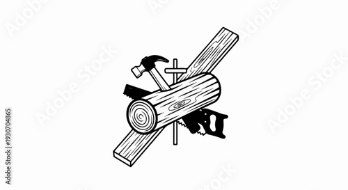 Woodworking tools including a log, planks, hammer, and saws are depicted