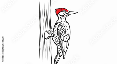 Woodpecker with red crest clings to a tree trunk, rendered in linocut style