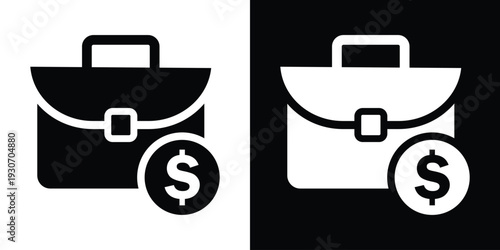 Business briefcase icon paired with a dollar sign coin. Represents investment, budget, financial portfolio, salary, and profit. Black and white professional money concept.