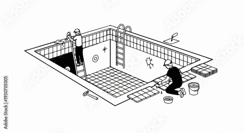 Workers tiling a swimming pool with tools and materials visible