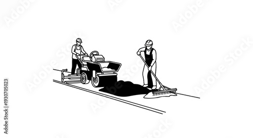 Workers using a machine and rake to lay asphalt on a road surface