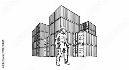 Worker overseeing stacked shipping containers in a black and white illustration