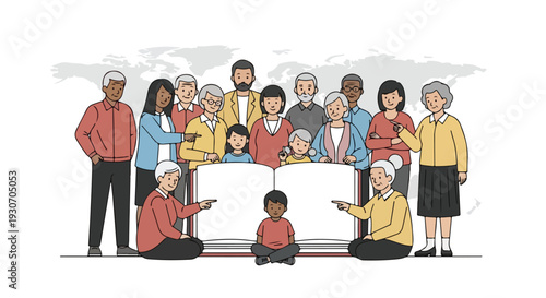 Diverse group of people of various ages holding and pointing at a large blank book on a table with a clean white background on a sunny day.