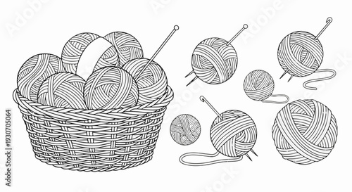 Woven basket filled with yarn balls and scattered knitting needles and crochet hook
