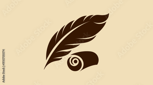 A quill pen rests beside a scroll on a light brown background