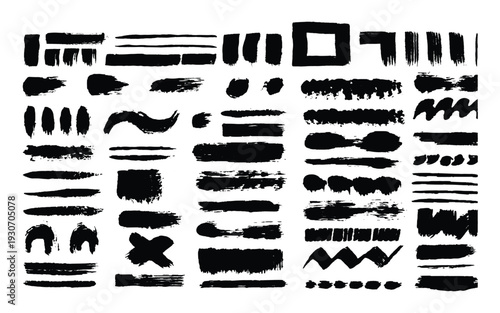 Big collection of black paint, ink brush strokes, brushes, lines, grungy. Dirty artistic design elements, boxes, frames.Freehand grunge brush illustration.Isolated on white background.