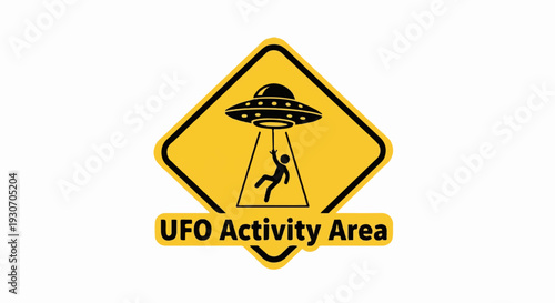 Yellow diamond sign with UFO beam abducting person; text below