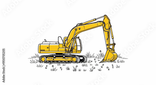 Yellow excavator parked in tall grass with small wildflowers