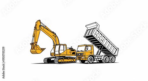Yellow excavator and dump truck on a white background