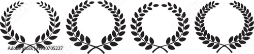 Collection of five black laurel wreath designs on white background symbolizing achievement and honor in various styles.