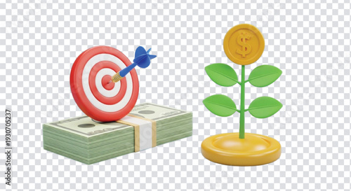 Financial growth concept with money plant and dartboard on stack of cash achieving success and profit targets as business investment and wealth accumulation strategy