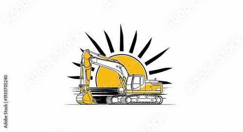Yellow excavator in front of a bright sun with radiating beams