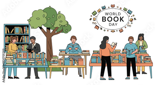 Illustration of people celebrating World Book Day with tables of books and a tree in the background, conveying a sense of community and learning.