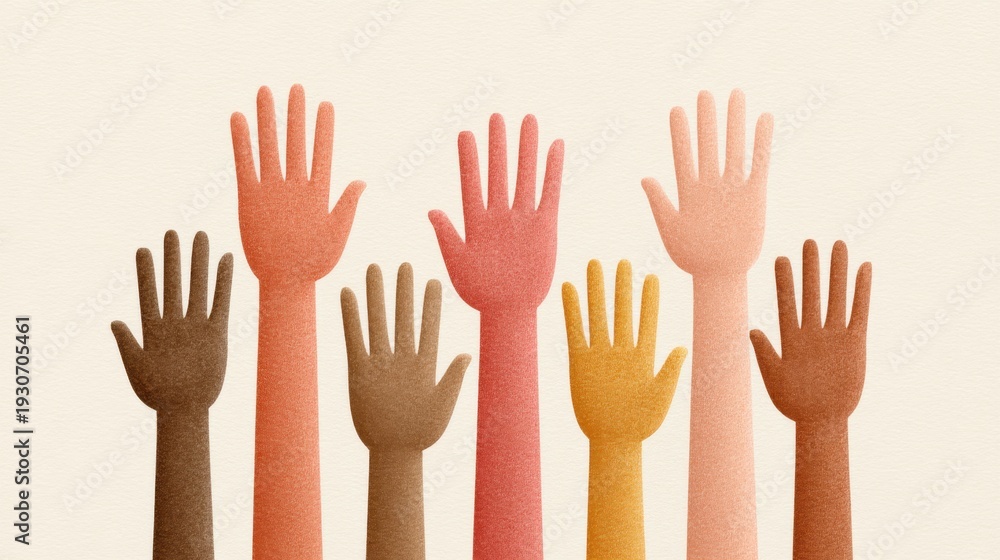 Fototapeta premium Diverse Hands Reaching Upward Together, Symbolizing Unity, Hope, and Collaboration in a Colorful Scenery