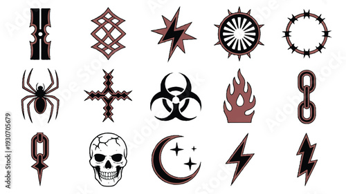 A collection of 15 dark red and black tribal-style tattoos arranged in a grid pattern on a white background (2)_traced