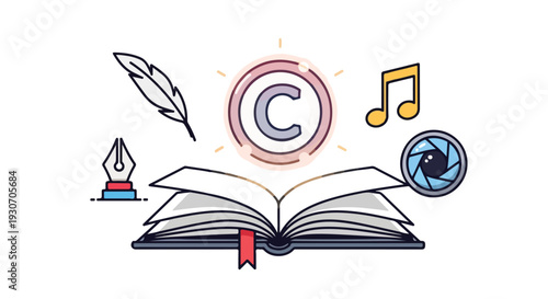 An open book with a red bookmark surrounded by a feather quill, a copyright symbol, a musical note, and a film reel on a white background, representing creative works and media.