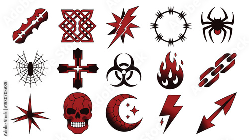A collection of 15 dark red and black tribal-style tattoos arranged in a grid pattern on a white background (3)_traced