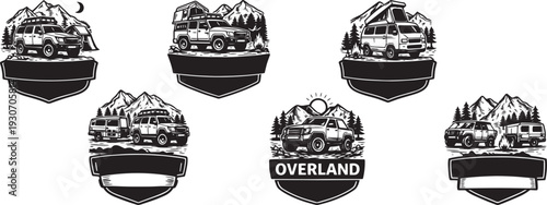 Overland adventure vehicle badge set with mountains, camper vans, forest and outdoor travel emblems