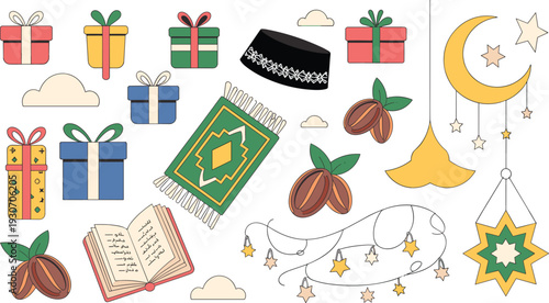 Islamic Eid and Ramadan celebration set with prayer rug Quran gifts dates crescent lantern flat cartoon illustration