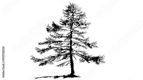 Silhouetted illustration of a coniferous tree against a white background, with shadow