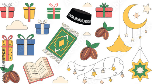 Islamic Eid celebration element set with gifts prayer rug Quran crescent stars dates and festive decorations flat illustration