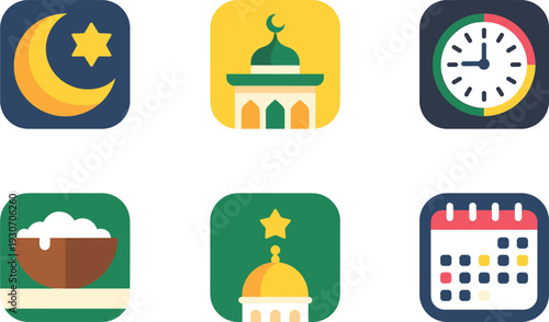 Islamic Ramadan app icon set with crescent mosque clock calendar and iftar bowl flat design collection