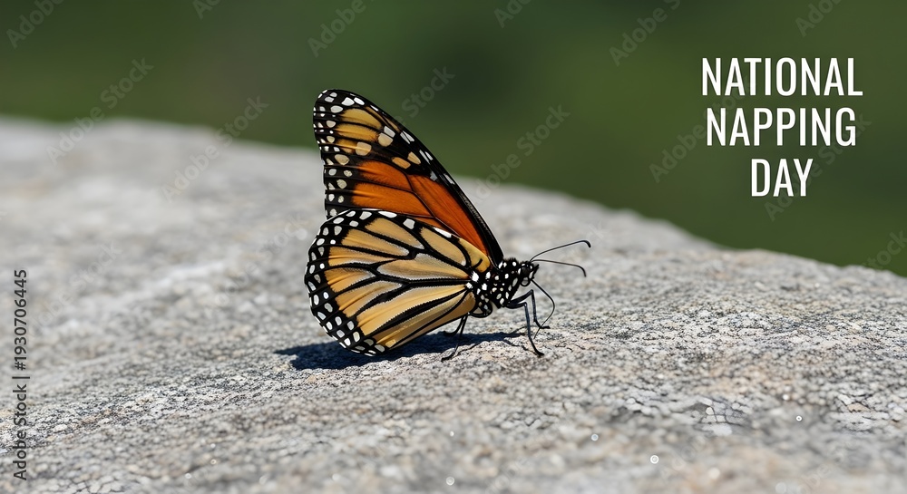 Obraz premium Monarch butterfly resting on gray stone surface with green background national napping day concept with insect