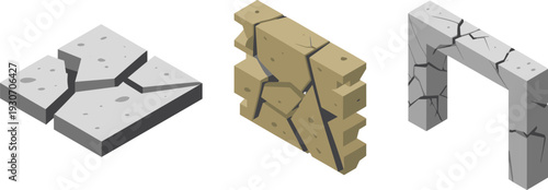 Isometric 3D Illustration of Cracked Concrete Slabs Broken Brick Wall and Damaged Stone Arch Structure Set