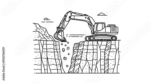 Excavator Digging into Rocky Terrain.