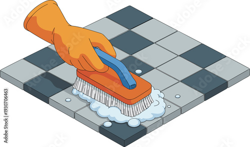 Isometric 3D Illustration of Hand Scrubbing Floor Tiles with Brush Soap Foam Cleaning Concept