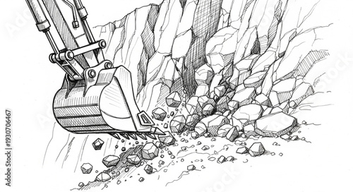 Excavator Digging into Rocky Ground.