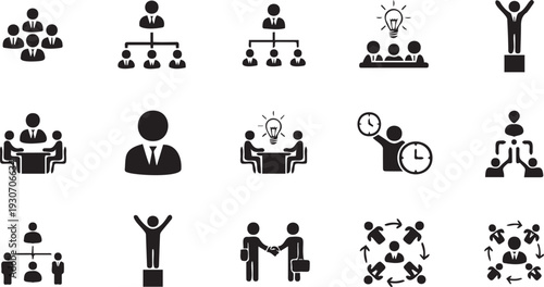 Collection of simple black icons representing various aspects of business and teamwork on a white background