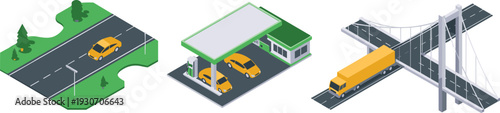 Isometric 3D Transportation Set Featuring Road with Car Gas Station and Suspension Bridge with Truck Illustration