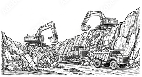 Excavators and Trucks at Quarry Site.