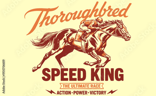 Thoroughbred Speed King horse racing graphic. Vintage design of jockey on racehorse for print, t-shirt, poster. Ultimate race, action, power, victory 
