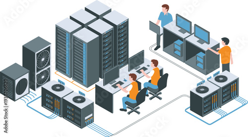 Isometric Modern Data Center with Server Racks IT Engineers Monitoring Systems Cooling Units and Network Infrastructure Illustration