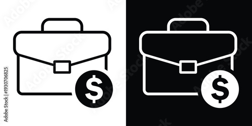 Business briefcase icon paired with a dollar sign coin. Represents investment, budget, financial portfolio, salary, and profit. Black and white professional money concept.
