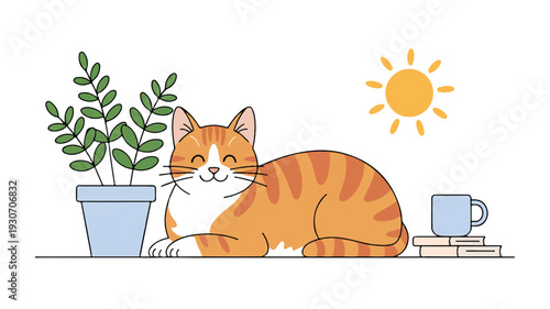 A cute digital illustration of an orange and white tabby cat lying contentedly on a light-colored surface (1)_traced