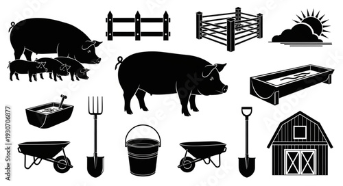 Farm Animals and Equipment Silhouettes.