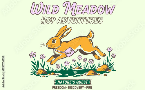 Wild Meadow Hop Adventures artwork. Nature's Quest graphic for t shirt. Explore meadow design. Rabbit vintage print. Go outside club.