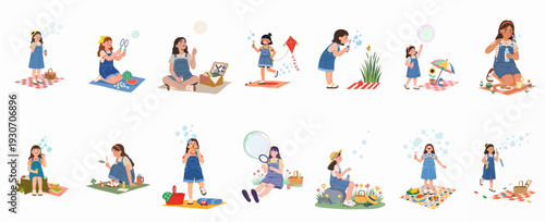 Happy girls engaged in summer outdoor fun, blowing bubbles, picnicking, and exploring nature. A vibrant collection of childhood joy and recreation.