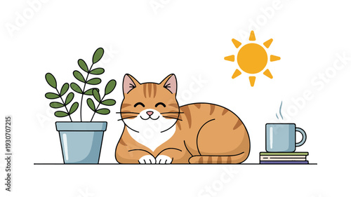 A cute digital illustration of an orange and white tabby cat lying contentedly on a light-colored surface (4)_traced