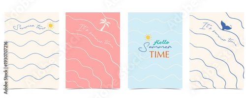 Blue pink Hand drawn hello Summertime Beach Poster Set with wave,surf  for vacation a4 vertical invitation