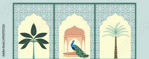 Indian Mughal Inspired background Set with Peacock and Palace Illustration for postcard invitation graphic design