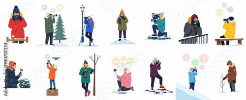 Winter Photography Adventures: People Capturing Moments Outdoors with Various Cameras and Devices