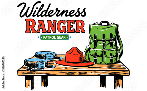 Wilderness Ranger Patrol Gear vintage artwork for t shirt print, poster. Forest camp adventure design. Explore nature. Go outside.