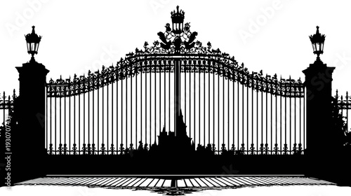 Black silhouette of an ornate gate with vertical bars, lanterns, and decorative crest