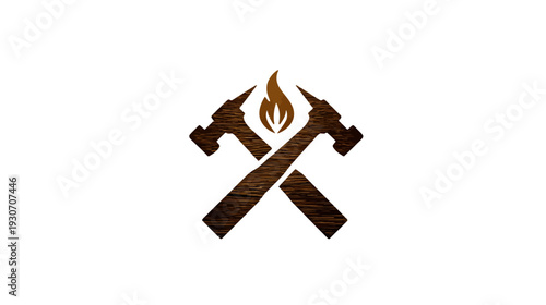 A logo design features crossed hammers and a flame. The textured design utilizes brown and white hues