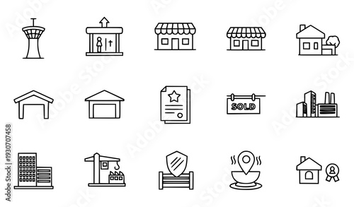 City, Real Estate and Commercial Building Thin Line Icons